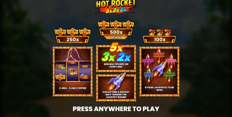 Hot Rocket 5x 3x 2x - menu principal avec rouleaux et bouton de démarrage